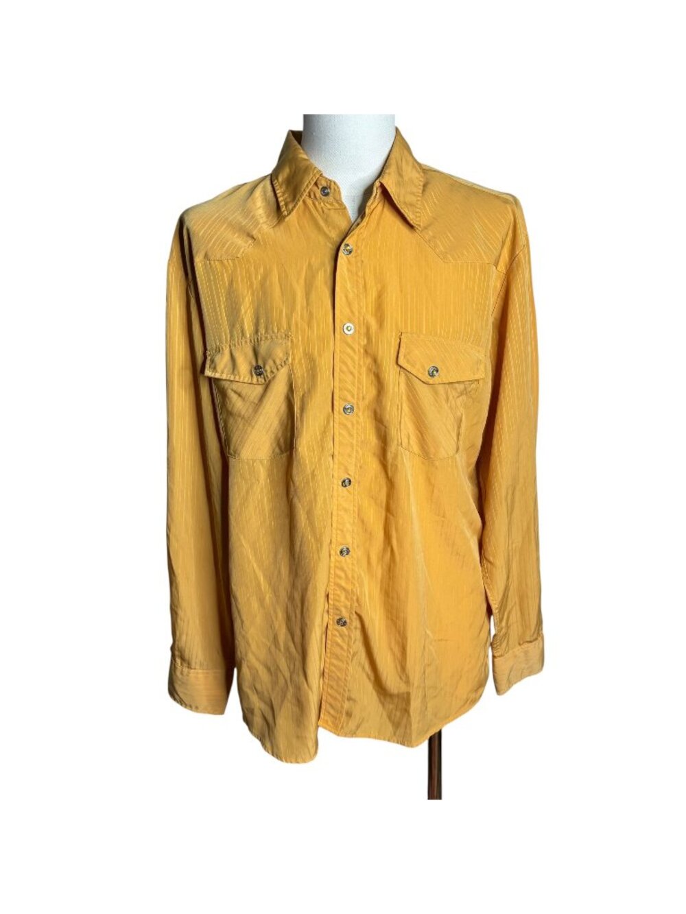 Liquid Silk Western Pearl Snap Shirt XL Yellow Striped Long Sleeves Pockets